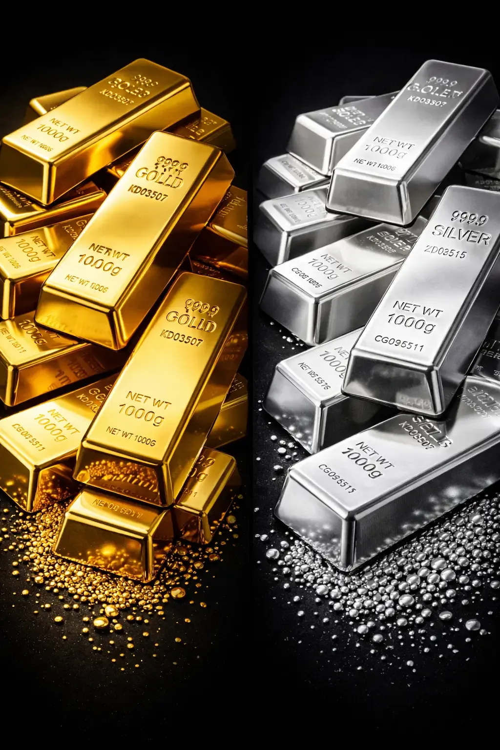 Gold and silver bullion bars side by side