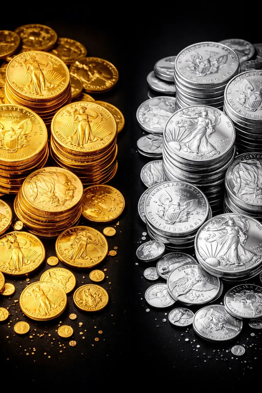 Stacked gold and silver bullion coins