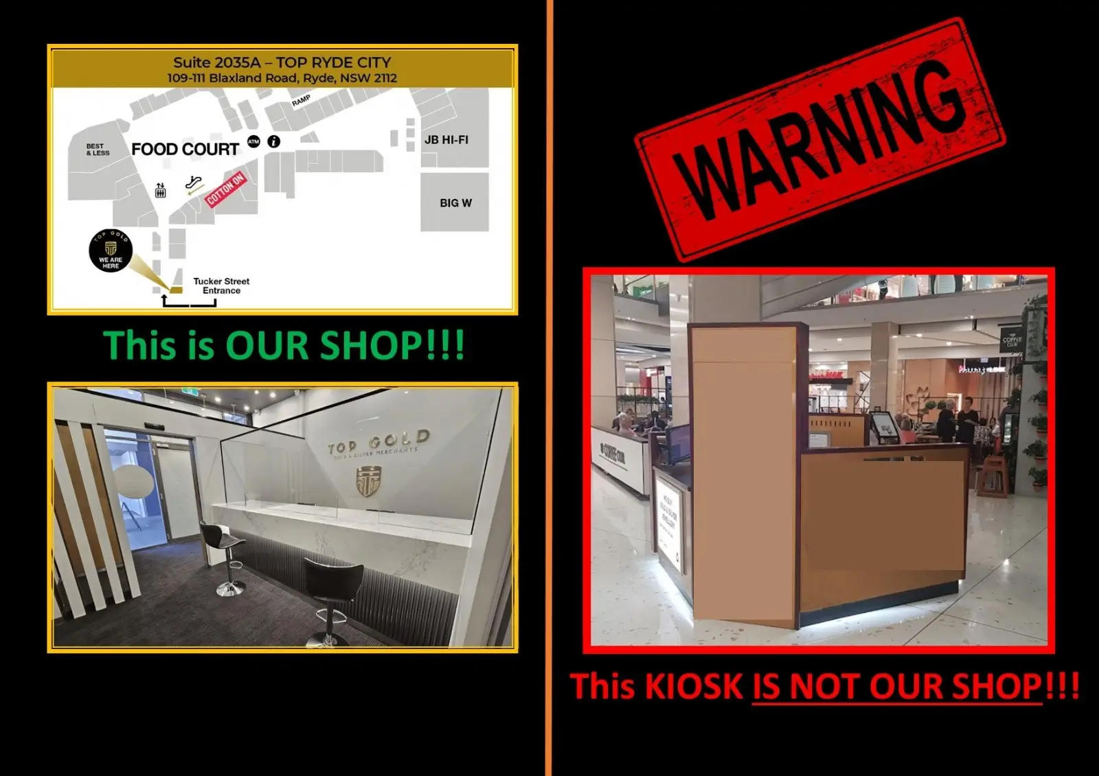 Comparison showing the real Top Gold storefront versus a look-alike kiosk that is not affiliated with Top Gold